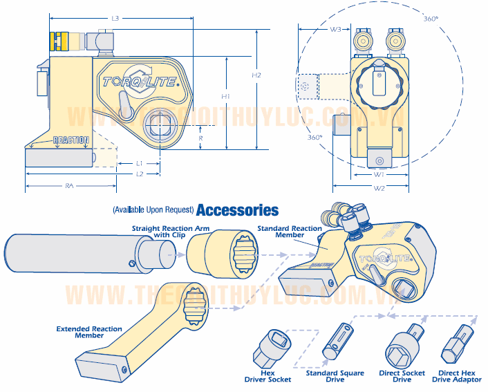 kich thước cờ lê thủy lực dạng chụp torq/lite